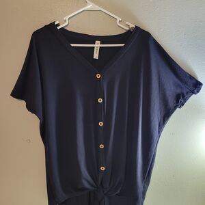 Women's Navy faux Button-Down Top with tie front.